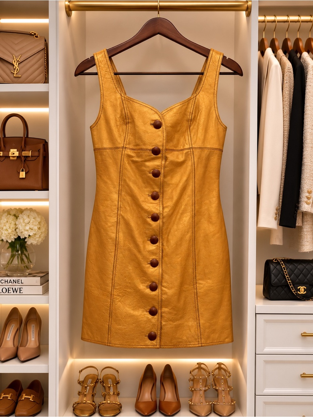 Free People Golden Mustard Leather Button-Front Mini Dress